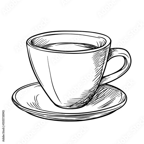 In a modern hand-drawn sketch, a full cup of tea or coffee is illustrated in black and white