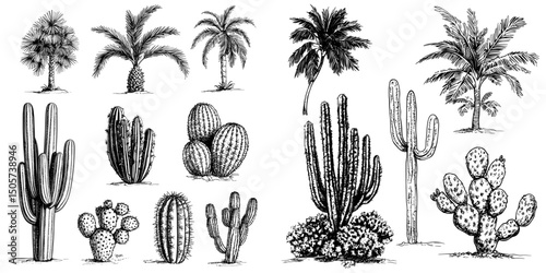 Vintage hand-drawn illustrations feature cactus and succulents in an engraving style, with sketches of floral objects isolated on a white background for design purposes