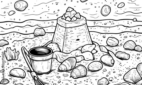 A modern hand-drawn illustration featuring a beach scene with a sand castle, bucket, and seashells, outlined in black on a white background