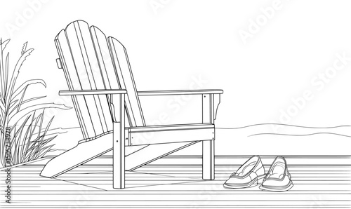 A peaceful and relaxing vacation is conceptualized in an illustration of a docked Adirondack chair beside a calm lake, drawn by hand