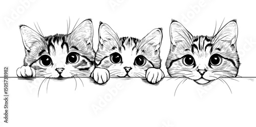 The wall sticker is a graphic, black and white, hand-drawn sketch of three cute cats observing a horizontal surface