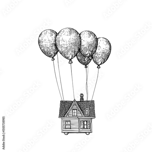 The image of a fantastic fabulous house flying on air balloons is rendered in a modern illustration style, utilizing sketch line art engraving and scratch board imitation, in black and white, as a