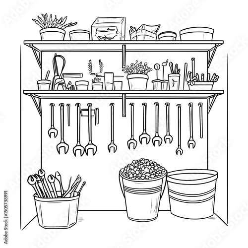 A hand-drawn modern illustration with contour lines, depicting garden tools like shovels, rakes, pots, plants, harvest, watering hose, baskets, and boxes, stored on a shelving unit in a barn