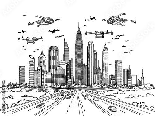 Black and white graphic illustration of a modern cityscape with future city skyline sketch’ becomes ‘Modern future city illustration in black and white graphic with cityscape skyline sketch