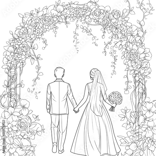 Modern illustration of a wedding flower arch in a black and white landscape sketch