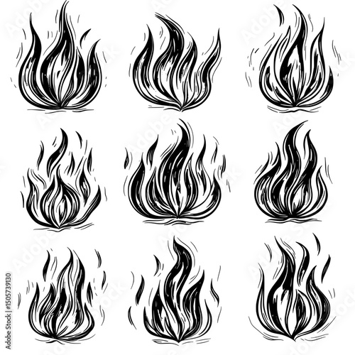 This modern illustration consists of a set of hand-drawn doodles of fire and fireballs in sketch form
