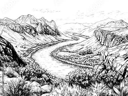 The modern sketch illustration depicts a black and white desert landscape with a canyon and a river surrounded by mountains