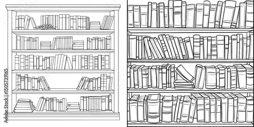 Black and white graphic illustration of a bookcase presented in modern isolated sketch style