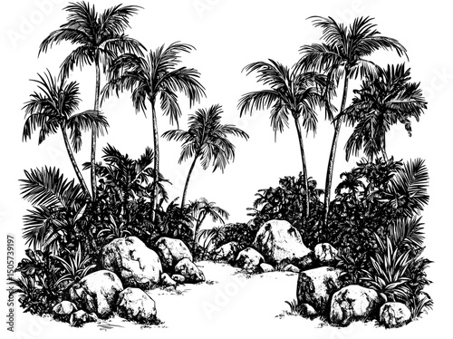 Graphic black and white illustration of a jungle road in a modern landscape sketch