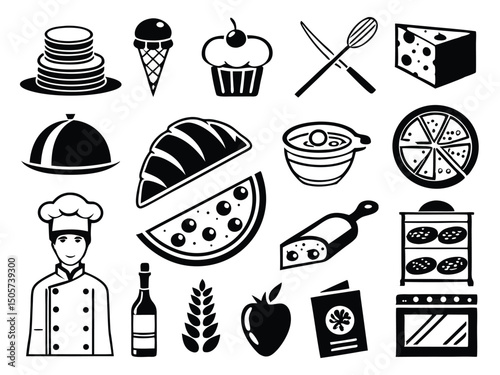 Flat Food Icon Collection – Dark Blue & White Minimalist Style