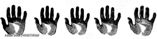 Endangered ancient handprints are showcased in a graphic illustration of human palm prints painted in black ink on a white isolated background