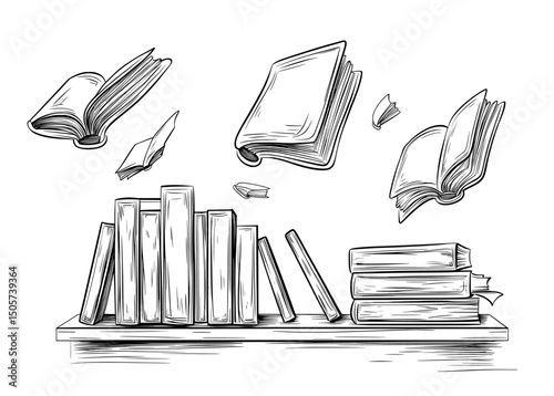 Books are being swiftly removed from the library shelves, as shown in a modern graphic black and white sketch illustration