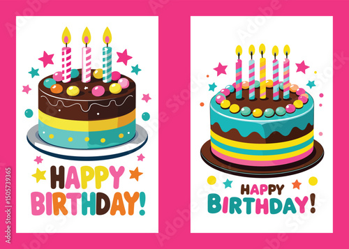 Colorful Birthday Cakes Celebration Cartoon Illustration Vector Graphics