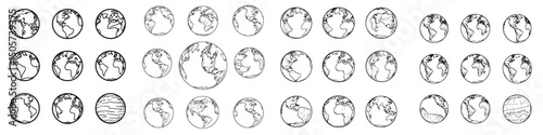 A hand drawn globe is depicted in four distinct projections, showcasing the western and eastern, as well as the north and south hemispheres, in a non-precise outline drawing of the world map rendered