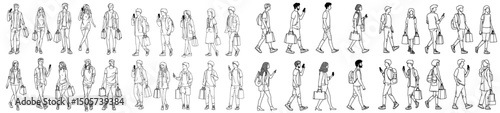 A monochrome illustration featuring people in various poses, including standing and walking, is depicted in a simple line art style with front and side views, all hand drawn and isolated on a white