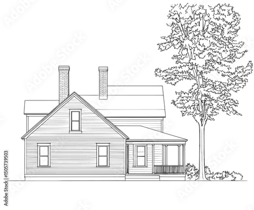 A black and white sketch of a country estate showcases a beautiful mansion, accompanied by a big tree in the front, and presents itself as a charming historic building and wedding venue
