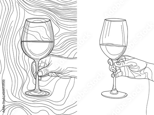 A human hand holding a champagne glass is depicted in a continuous line art drawing style, with a minimalist black linear sketch isolated on a white background, creating a modern illustration