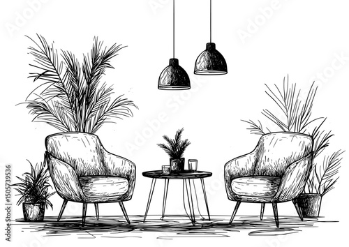 A black and white sketch illustration of a modern conference room office featuring a vertical garden interior graphic
