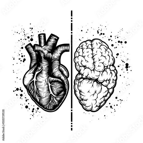 Hand-drawn line art of human brain and heart halves forms the basis of a grunge sketch tattoo design, isolated on a white background, which serves as a modern illustration of the logic and emotion