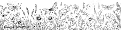 The white background serves as a backdrop for hand-drawn black silhouettes of flowers, herbs, grass, and an assortment of insects