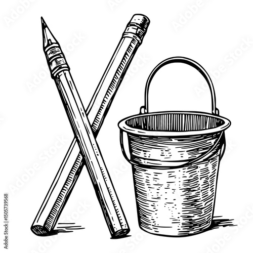 A white background provides the setting for a holder filled with pens and pencils