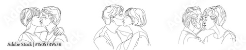 A line art illustration of two men in a romantic relationship, showcasing a kiss, and embodying the idea of love and happiness, created using a modern and minimalist approach to highlight the beauty