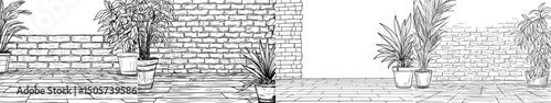 Modern home interior illustration featuring a black and white graphic of a brick wall sketch
