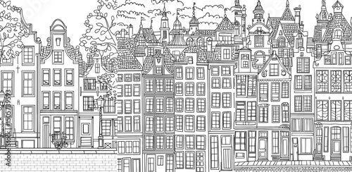 A hand-drawn illustration featuring a pattern of houses, including old beautiful buildings and modern artwork, in a cute line sketch style suitable for a coloring book page for both adults and kids,