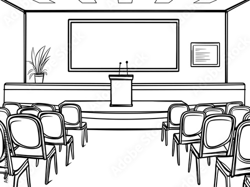 Conference hall interior with modern design elements presented in a black and white graphic illustration sketch