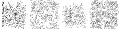 A contemporary depiction of a manually drawn graphic butterfly on a peony flower