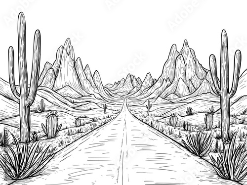 Black and white graphic art sketch of a modern American desert and prairie road landscape illustration