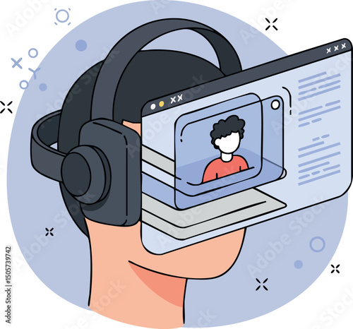 Virtual reality headset with digital interface and user avatar in vector illustration 