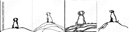 A continuous line art drawing depicts the back of a standing dog, with the curious canine rendered in black linear sketch and set against a white background in a modern illustration style