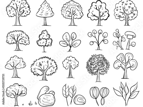 A side view of a tree set is presented as a modern illustration, hand drawn and isolated on a white background
