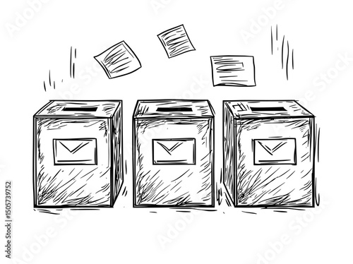 A ballot box receiving an interior vote bulletin is the subject of a modern graphic illustration in black and white, related to elections