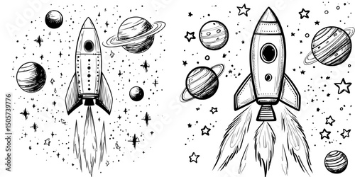 Isolated on white, a modern illustration showcases the cosmos with hand-drawn elements including a rocket, planets, and other space objects in black and white