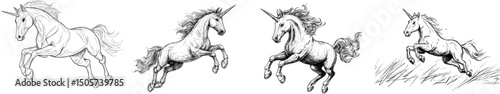 A legendary creature, the unicorn is depicted in a modern illustration as a cartoon sketch engraving, suitable for a T-shirt apparel print design, with a scratch board imitation effect in a black and