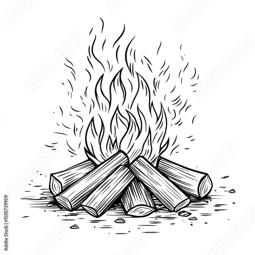 This modern illustration features a hand drawn bonfire, replete with flames and burning firewood, situated in a cozy fireplace setting