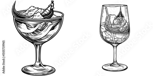 A black and white hand drawn image of a gondola boat in a martini cocktail glass is rendered in a modern illustration style with sketch engraving, designed for printing on T-shirt apparel and