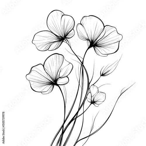 The illustration of a cosmos flower, created by hand in a detailed line art style, is suitable for use as a floral logo, tattoo design, or emblem, and is offered as isolated black and white clip art