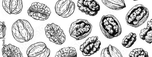 The image features a hand-drawn pattern of pecan nuts still in their shells, presented on a white background, alongside engraved walnuts, making it suitable for snack-themed wallpaper, packaging, or
