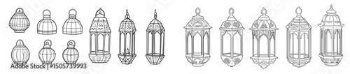 Isolated on white, a cartoon sketch of hanging streetlights has been hand drawn in a modern illustration style
