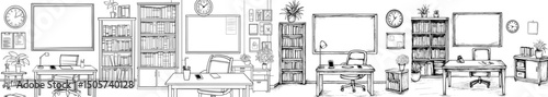 Modern interior sketch illustration of a classroom in black and white with a messy graphic