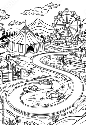 An amusement park landscape is illustrated in a modern vertical graphic sketch with a black and white color scheme