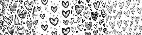 A seamless pattern consisting of hand-drawn doodle hearts in black and white creates a romantic tiling background