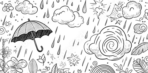 A collection of weather icons, hand-drawn as doodles, isolated on a white background