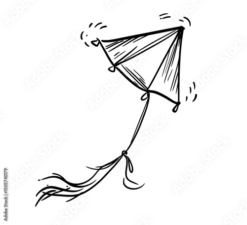 An illustration of a modern kite, drawn by hand in a doodle style, featuring a diamond-shaped kite for children, adorned with bows on a string, and isolated on a white background with a black outline