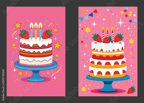 Cute Colorful Birthday Cakes With Strawberries And Candles Vector