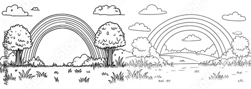 The modern graphic illustration depicts a sketch of a landscape with a road in black and white and hills in rainbow colors