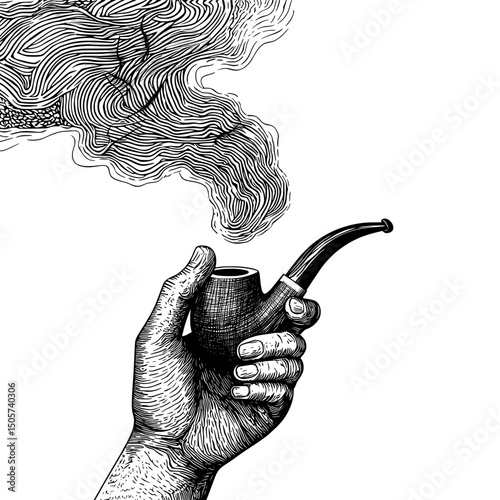 The image features a hand holding a smoking pipe, created in a sketch engraving style with modern illustration techniques, intended for printing on T-shirt apparel, with a scratch board imitation and